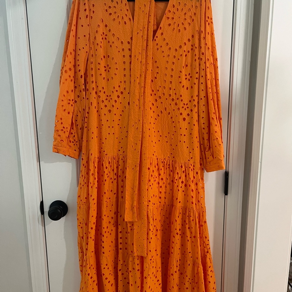 Zara Vibrant Orange Long Sleeve Eyelet Dress